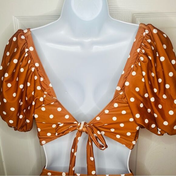 Marina West Brown White Polka Dot Two Piece Swimsuit Set Bikini Sleeve XL NWT - Picture 9 of 12